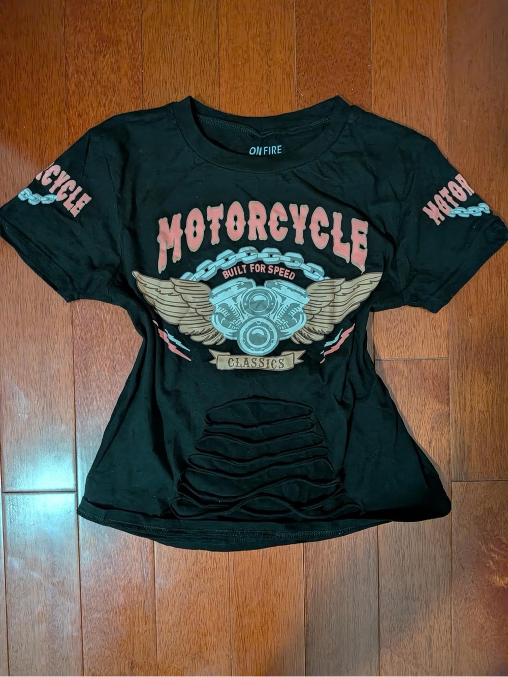 On Fire Black Motorcycle Distressed Graphic Tee L